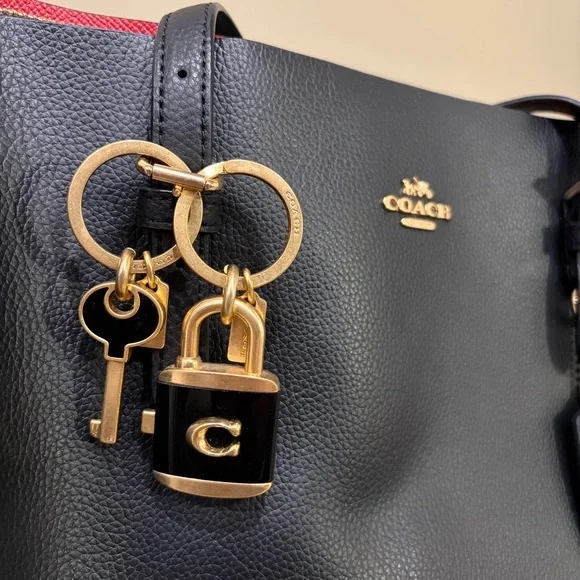 Coach Mollie Black and Red Leather Tote with Gold Accents & Key Chain - Picture 3 of 14